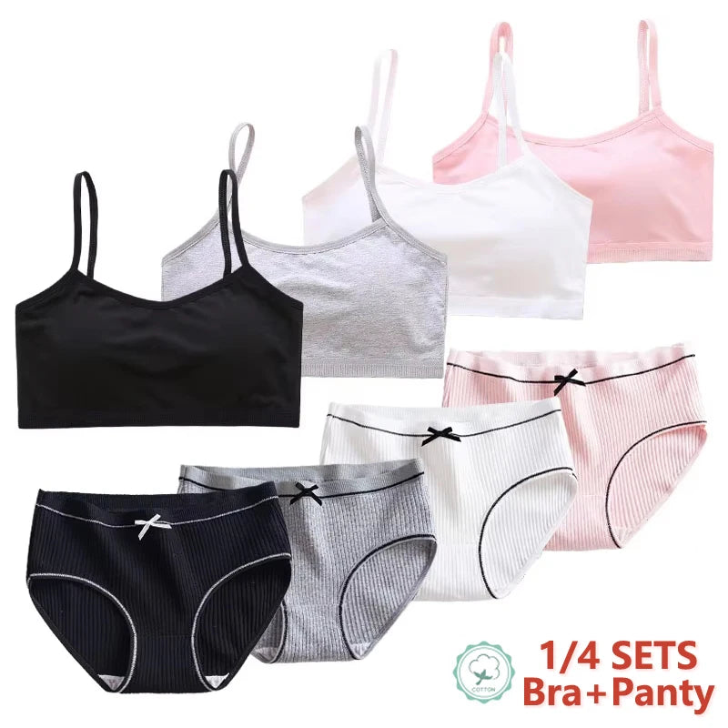 1/4 Sets Cotton Girls Underwear Set Teenage Girls Training Bras and Panties Suit Solid Wireless Fixed Pad Bra with Briefs Set
