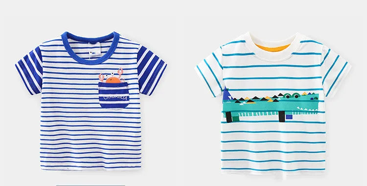 2025 Summer 2 3 4 5 6 8 10 Years Children'S Clothing Dinosaur Car Striped Tees All Match Basic Tops Cartoon T-Shirt For Kids Boy