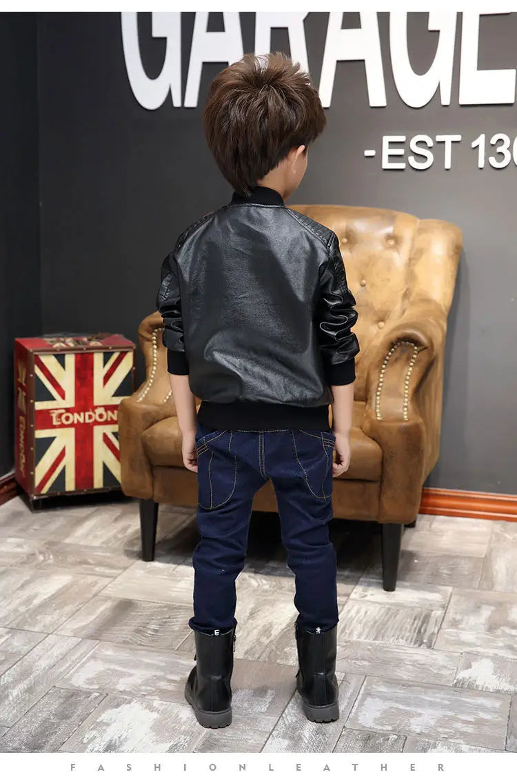 Boys Coats Autumn Winter Fashion Children's Plus Velvet / No Velvet Two styles Warming Cotton PU Leather Jacket For 1-11Y Kids