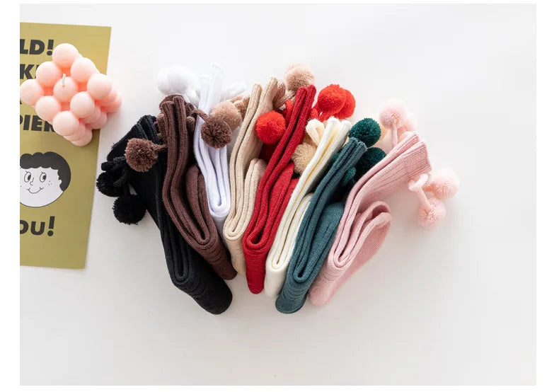 Baby Girls Cherry Ball Knee High Socks Toddler Tube British Style Princess Socks For Kids Knitted Sock Leg Warmer 0-5Years