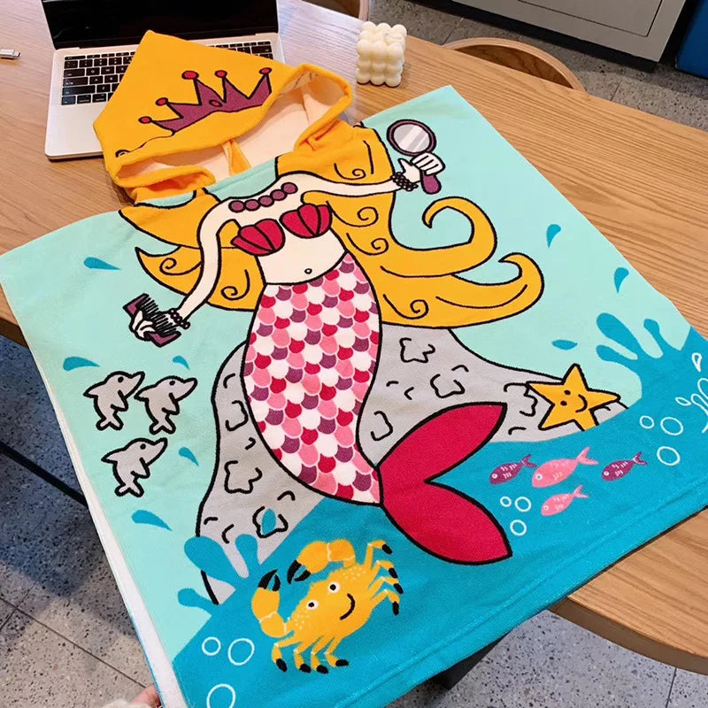 Children Cartoon Baby Hooded Cloak Beach Towel Boys Girls Kids Swimming Bath Towel Microfiber Terry Infant Bathing Wrap Bathrobe