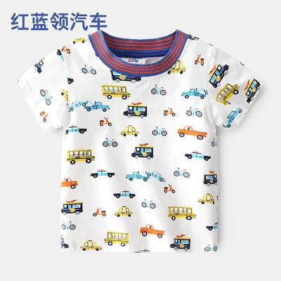2025 Summer 2 3 4 5 6 8 10 Years Children'S Clothing Dinosaur Car Striped Tees All Match Basic Tops Cartoon T-Shirt For Kids Boy