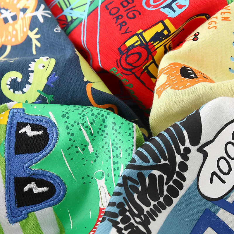 2025 Summer 2 3 4 5 6 8 10 Years Children'S Clothing Dinosaur Car Striped Tees All Match Basic Tops Cartoon T-Shirt For Kids Boy