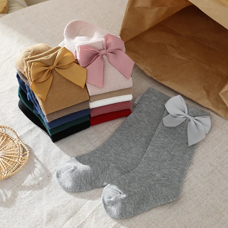 3Pairs/Lot Baby Toddlers Socks Autumn Spring Children Kids Girls Knee High Long Sock Cotton Big Bow Spanish Style Princess Socks
