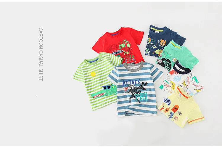 2025 Summer 2 3 4 5 6 8 10 Years Children'S Clothing Dinosaur Car Striped Tees All Match Basic Tops Cartoon T-Shirt For Kids Boy