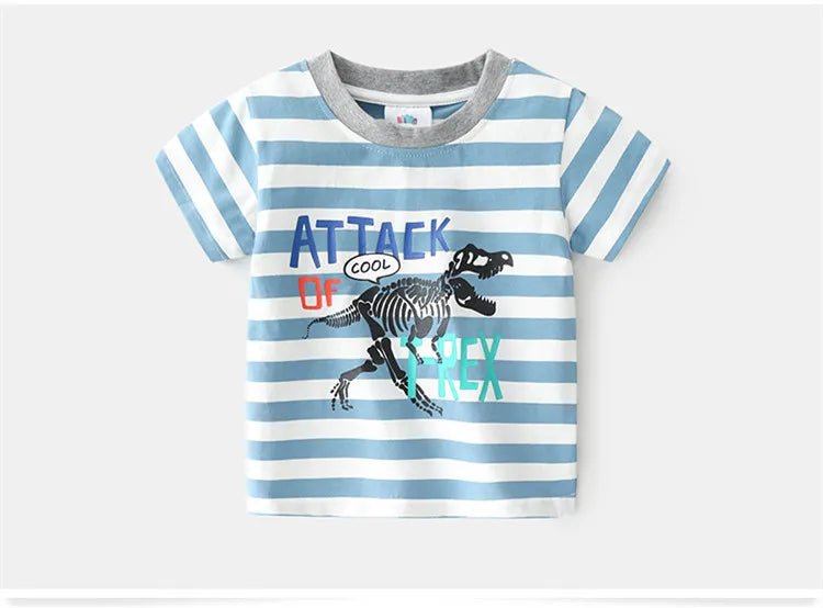 2025 Summer 2 3 4 5 6 8 10 Years Children'S Clothing Dinosaur Car Striped Tees All Match Basic Tops Cartoon T-Shirt For Kids Boy