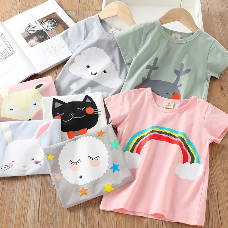 2025 Summer 2 3 4 6 8 10 Years Children Cotton Cartoon Star Bird Cat Rabbit Animal Print Short-Sleeve T-Shirt For Kids Baby Girl