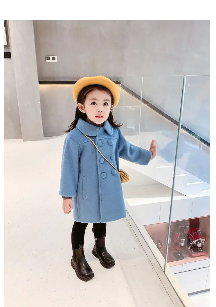 Double Breasted Girls Woolen Coats Autumn Winter Trench Jacket Coat 2-6Yrs Children Clothes For Kids Outerwear Birthday Present