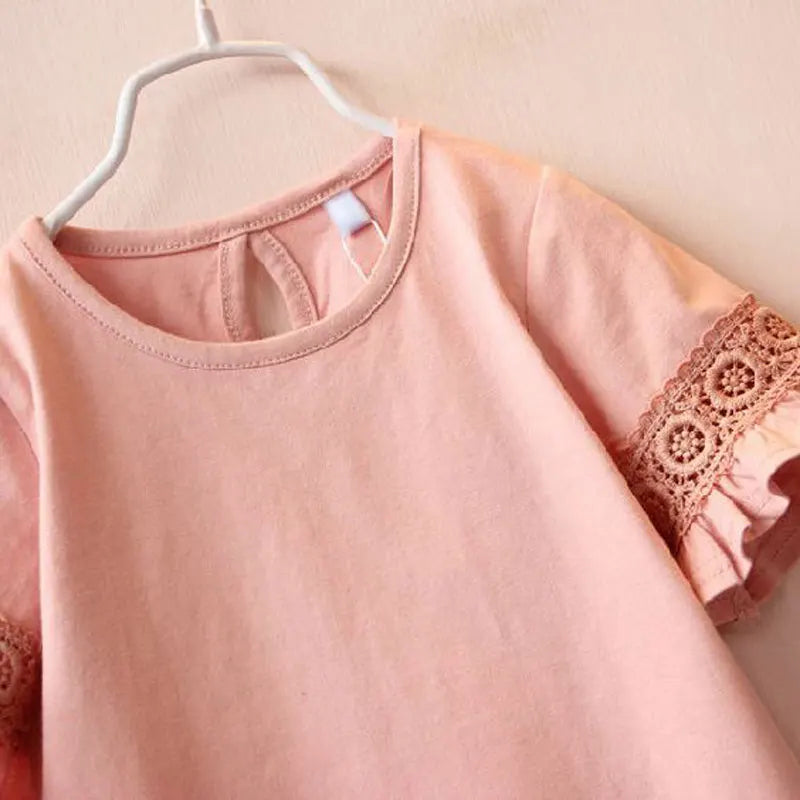 2-6 Year Baby Girl T-shirt Summer Round Neck Lace Trumpet Sleeve Kid Cotton Short Sleeve T-shirt Girl Solid Color Children Tops