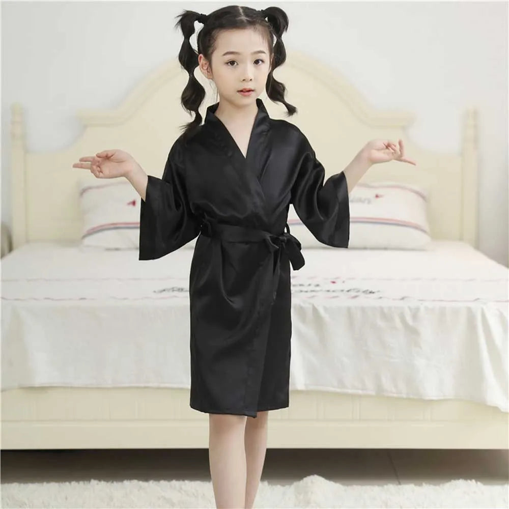 3-13Y Fashion Night Robe Satin Silk Bathrobe Teenage Girls Robe Baby Kid Kimono Bath Towel Robes Summer Nightgown Girl Sleepwear