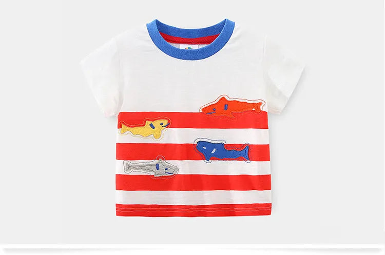 2025 Summer 2 3 4 5 6 8 10 Years Children'S Clothing Dinosaur Car Striped Tees All Match Basic Tops Cartoon T-Shirt For Kids Boy