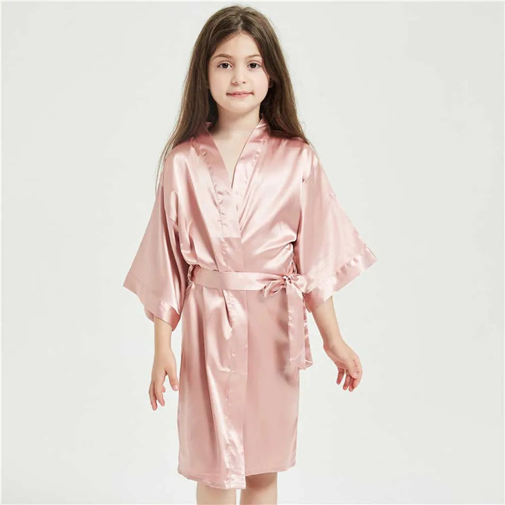 3-13Y Fashion Night Robe Satin Silk Bathrobe Teenage Girls Robe Baby Kid Kimono Bath Towel Robes Summer Nightgown Girl Sleepwear