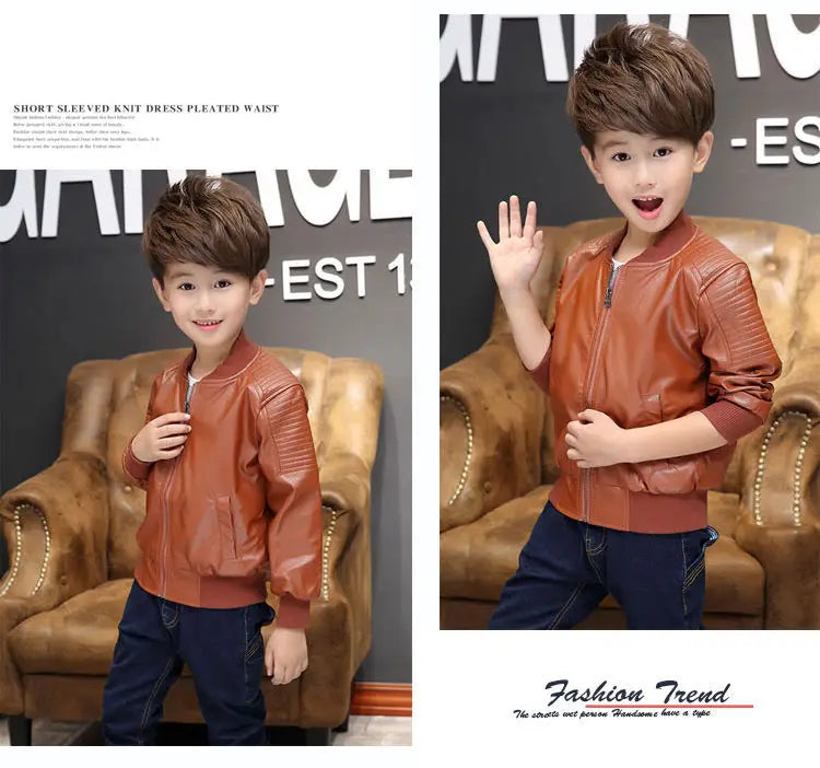 Boys Coats Autumn Winter Fashion Children's Plus Velvet / No Velvet Two styles Warming Cotton PU Leather Jacket For 1-11Y Kids