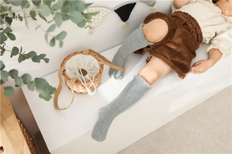 Ruffle Kids Knee High Socks Baby Girls Toddlers Long Soft Cotton Sock Lace Flower Children School Uniform Socks For 0-8Years