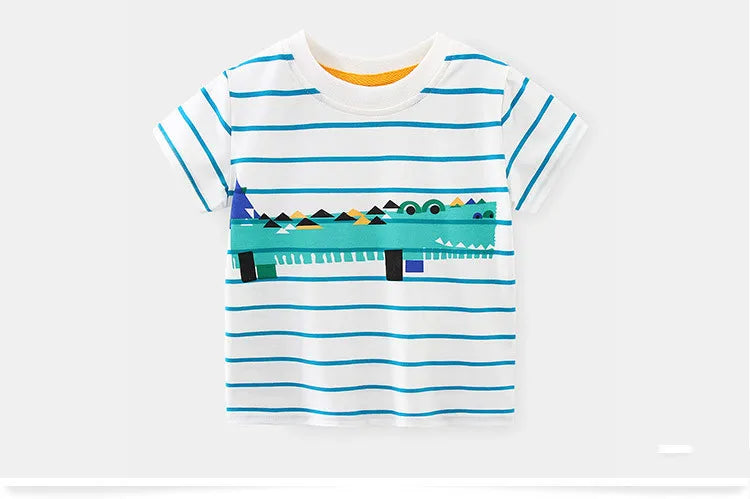 2025 Summer 2 3 4 5 6 8 10 Years Children'S Clothing Dinosaur Car Striped Tees All Match Basic Tops Cartoon T-Shirt For Kids Boy