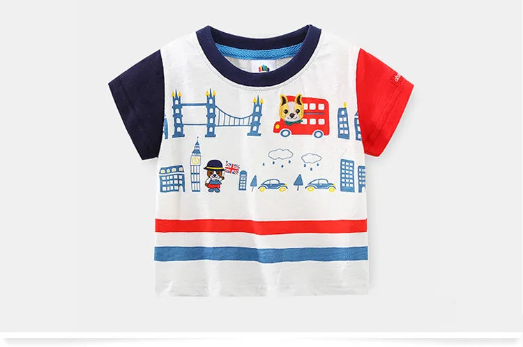 2025 Summer 2 3 4 5 6 8 10 Years Children'S Clothing Dinosaur Car Striped Tees All Match Basic Tops Cartoon T-Shirt For Kids Boy