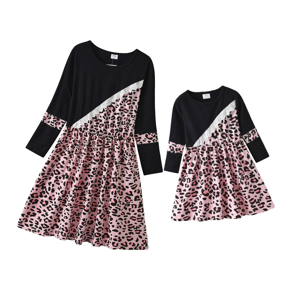 DXTON Family Matching Cotton Clothes Spring Mother and Kids Dress Women Leopard Print Kids Long Sleeve Casual Family Matching