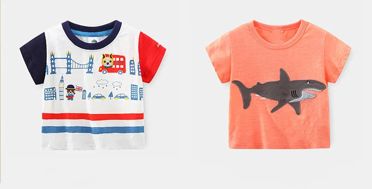 2025 Summer 2 3 4 5 6 8 10 Years Children'S Clothing Dinosaur Car Striped Tees All Match Basic Tops Cartoon T-Shirt For Kids Boy