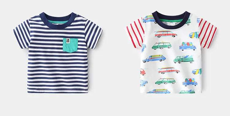 2025 Summer 2 3 4 5 6 8 10 Years Children'S Clothing Dinosaur Car Striped Tees All Match Basic Tops Cartoon T-Shirt For Kids Boy