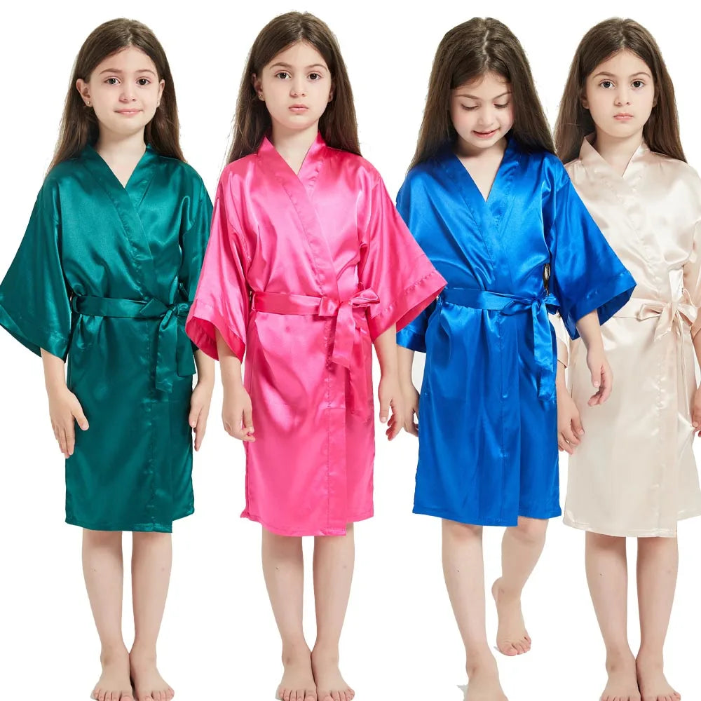 3-13Y Fashion Night Robe Satin Silk Bathrobe Teenage Girls Robe Baby Kid Kimono Bath Towel Robes Summer Nightgown Girl Sleepwear