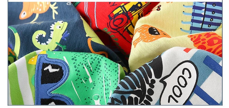 2025 Summer 2 3 4 5 6 8 10 Years Children'S Clothing Dinosaur Car Striped Tees All Match Basic Tops Cartoon T-Shirt For Kids Boy