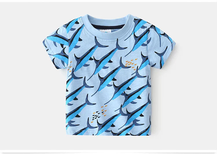 2025 Summer 2 3 4 5 6 8 10 Years Children'S Clothing Dinosaur Car Striped Tees All Match Basic Tops Cartoon T-Shirt For Kids Boy