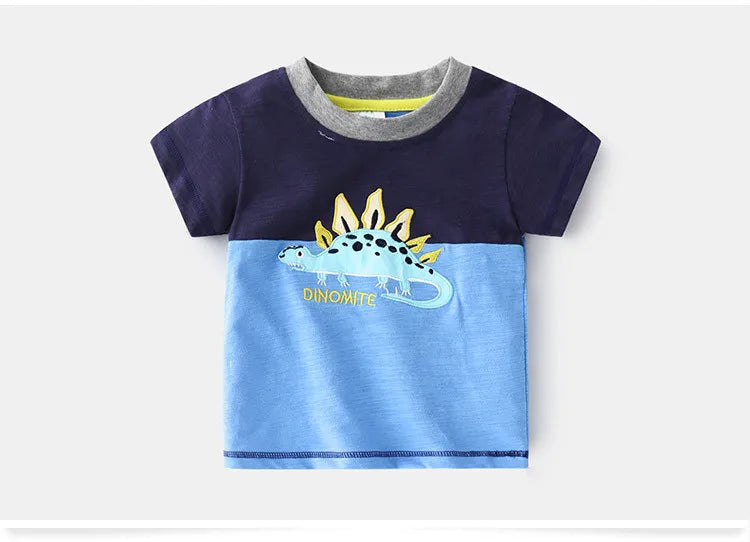 2025 Summer 2 3 4 5 6 8 10 Years Children'S Clothing Dinosaur Car Striped Tees All Match Basic Tops Cartoon T-Shirt For Kids Boy