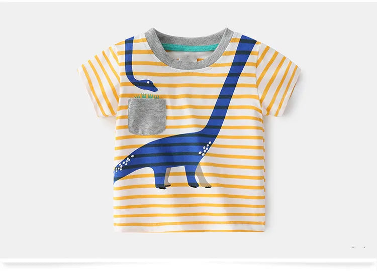 2025 Summer 2 3 4 5 6 8 10 Years Children'S Clothing Dinosaur Car Striped Tees All Match Basic Tops Cartoon T-Shirt For Kids Boy
