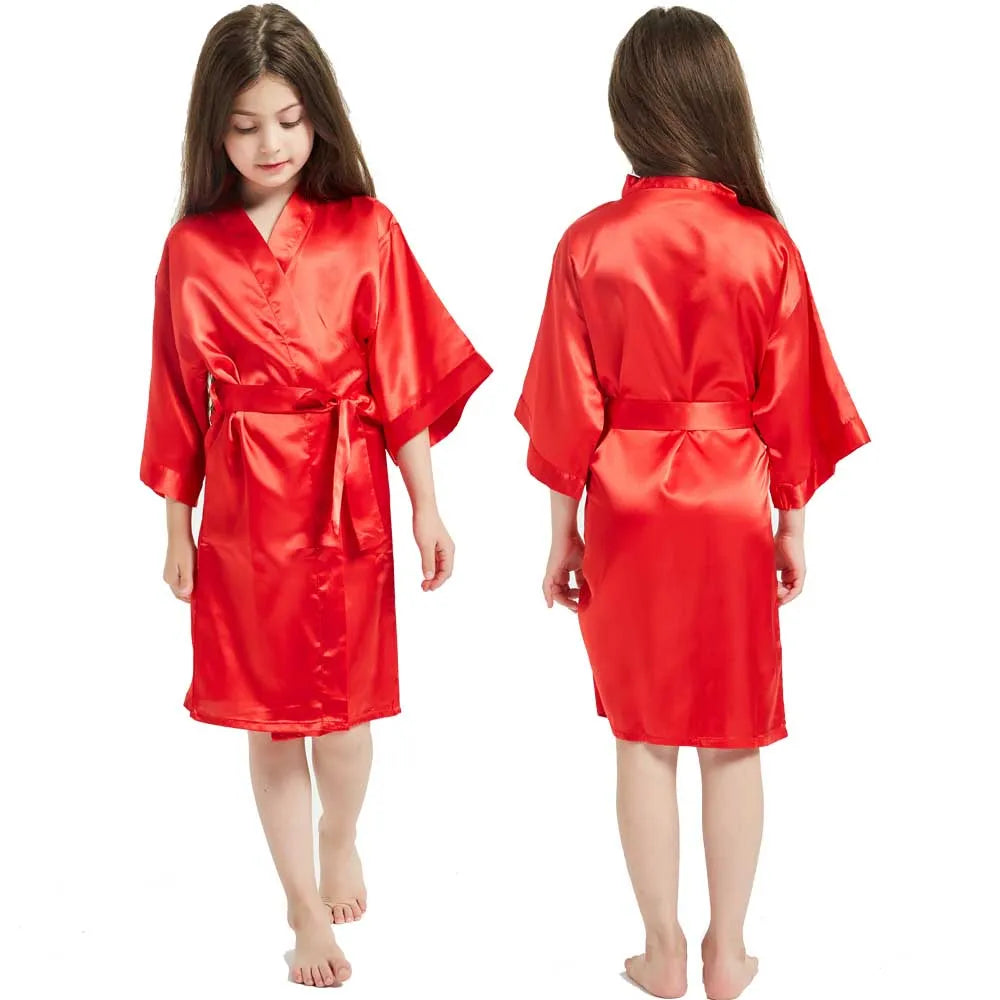 3-13Y Fashion Night Robe Satin Silk Bathrobe Teenage Girls Robe Baby Kid Kimono Bath Towel Robes Summer Nightgown Girl Sleepwear