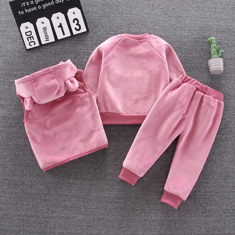 New Winter Baby Girls Clothes Suit Children Boys Thicken Warm Hooded Vest T-Shirt Pants 3Pcs/Set Toddler Costume Kids Tracksuits