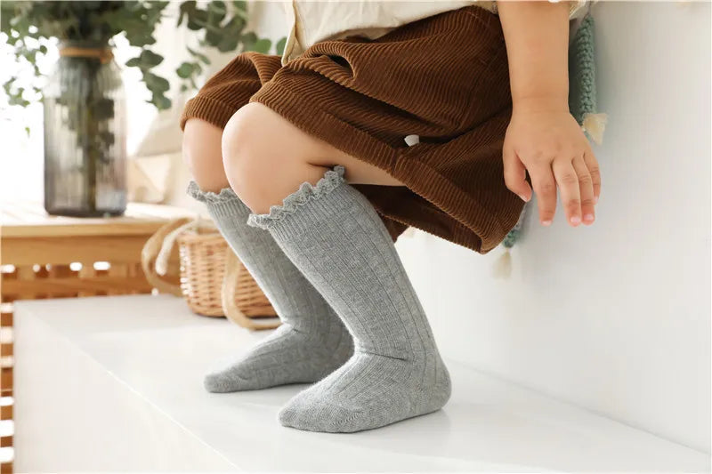 Ruffle Kids Knee High Socks Baby Girls Toddlers Long Soft Cotton Sock Lace Flower Children School Uniform Socks For 0-8Years