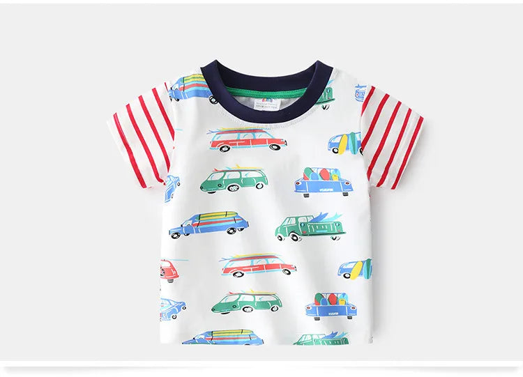 2025 Summer 2 3 4 5 6 8 10 Years Children'S Clothing Dinosaur Car Striped Tees All Match Basic Tops Cartoon T-Shirt For Kids Boy
