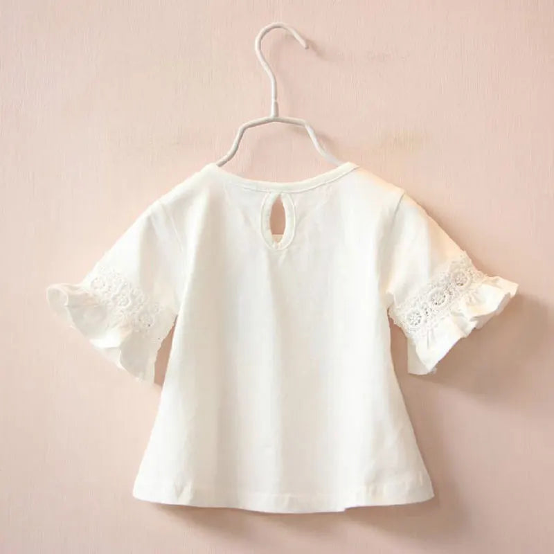 2-6 Year Baby Girl T-shirt Summer Round Neck Lace Trumpet Sleeve Kid Cotton Short Sleeve T-shirt Girl Solid Color Children Tops