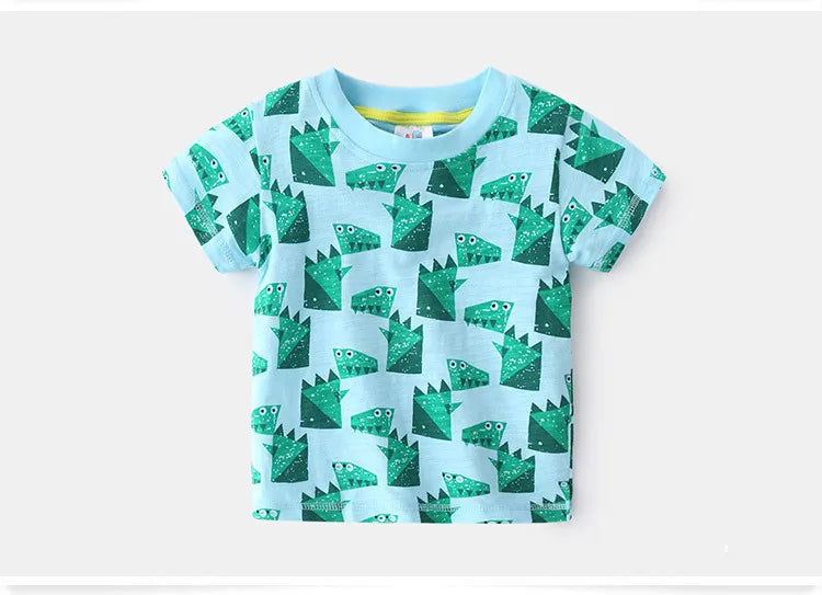 2025 Summer 2 3 4 5 6 8 10 Years Children'S Clothing Dinosaur Car Striped Tees All Match Basic Tops Cartoon T-Shirt For Kids Boy