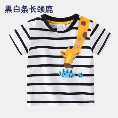 2025 Summer 2 3 4 5 6 8 10 Years Children'S Clothing Dinosaur Car Striped Tees All Match Basic Tops Cartoon T-Shirt For Kids Boy