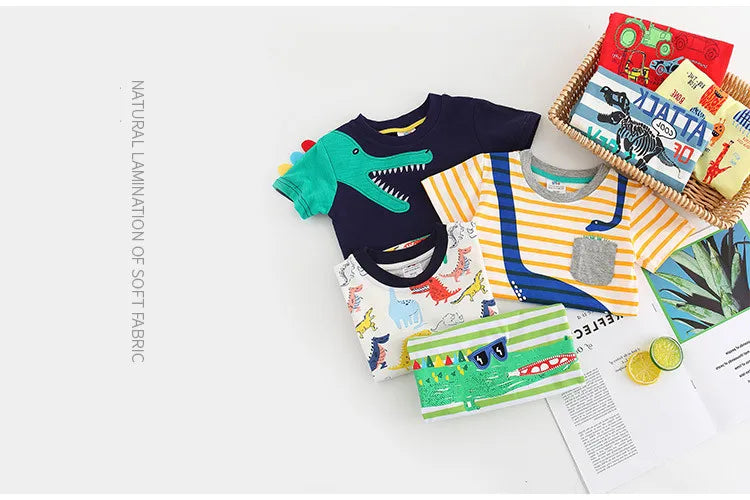 2025 Summer 2 3 4 5 6 8 10 Years Children'S Clothing Dinosaur Car Striped Tees All Match Basic Tops Cartoon T-Shirt For Kids Boy