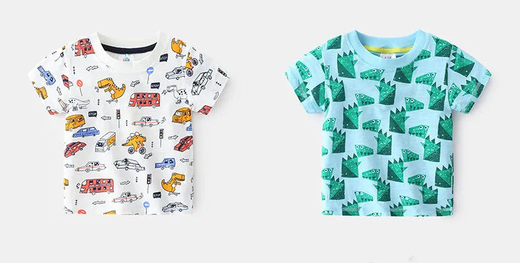 2025 Summer 2 3 4 5 6 8 10 Years Children'S Clothing Dinosaur Car Striped Tees All Match Basic Tops Cartoon T-Shirt For Kids Boy