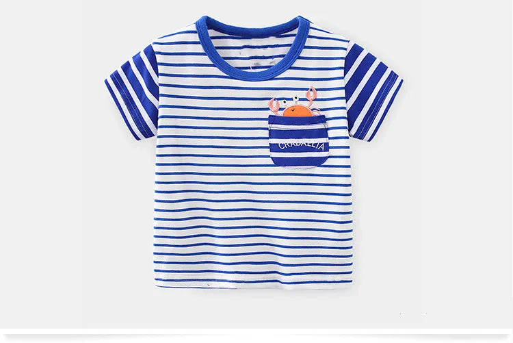 2025 Summer 2 3 4 5 6 8 10 Years Children'S Clothing Dinosaur Car Striped Tees All Match Basic Tops Cartoon T-Shirt For Kids Boy