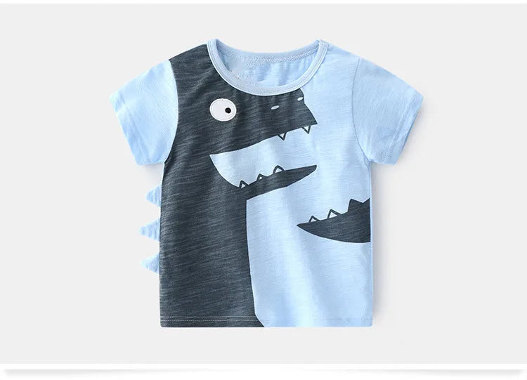 2025 Summer 2 3 4 5 6 8 10 Years Children'S Clothing Dinosaur Car Striped Tees All Match Basic Tops Cartoon T-Shirt For Kids Boy