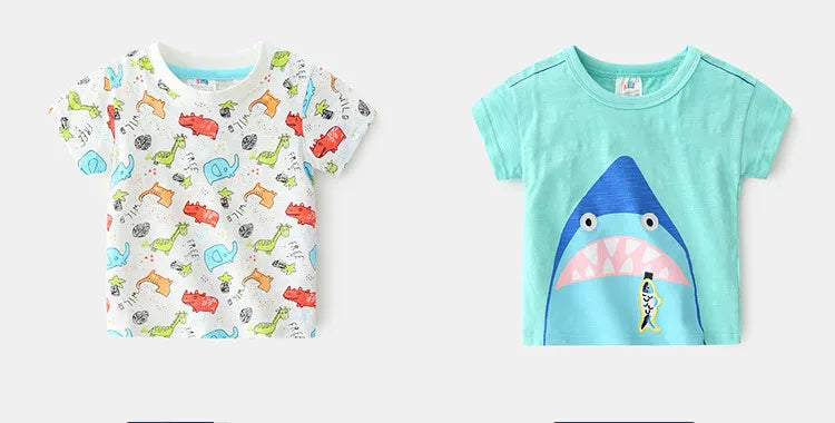 2025 Summer 2 3 4 5 6 8 10 Years Children'S Clothing Dinosaur Car Striped Tees All Match Basic Tops Cartoon T-Shirt For Kids Boy