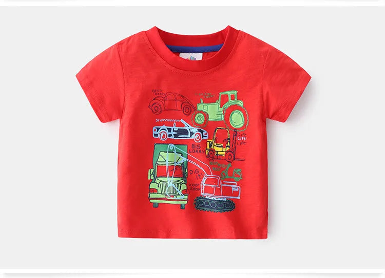 2025 Summer 2 3 4 5 6 8 10 Years Children'S Clothing Dinosaur Car Striped Tees All Match Basic Tops Cartoon T-Shirt For Kids Boy