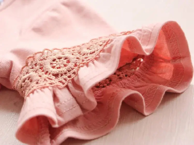2-6 Year Baby Girl T-shirt Summer Round Neck Lace Trumpet Sleeve Kid Cotton Short Sleeve T-shirt Girl Solid Color Children Tops