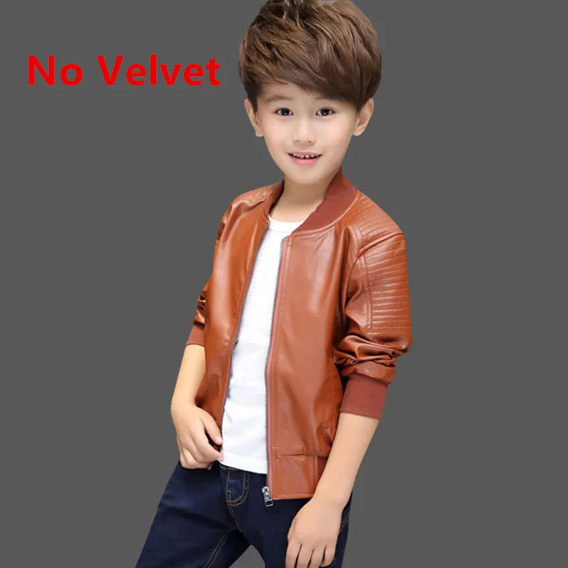 Boys Coats Autumn Winter Fashion Children's Plus Velvet / No Velvet Two styles Warming Cotton PU Leather Jacket For 1-11Y Kids