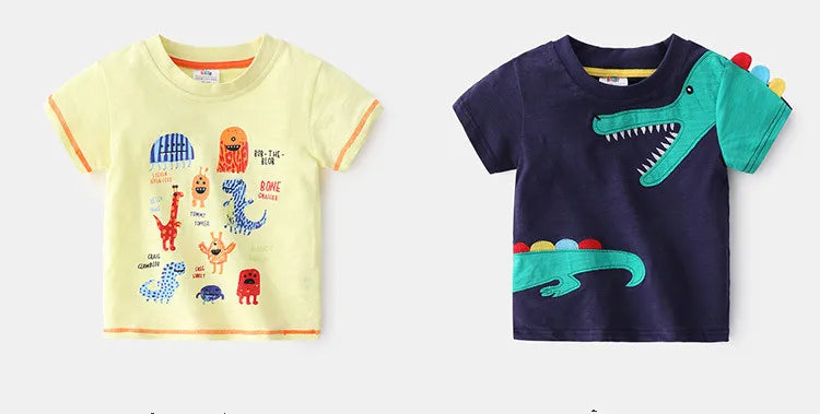 2025 Summer 2 3 4 5 6 8 10 Years Children'S Clothing Dinosaur Car Striped Tees All Match Basic Tops Cartoon T-Shirt For Kids Boy