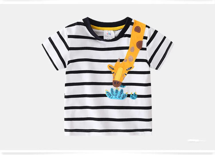 2025 Summer 2 3 4 5 6 8 10 Years Children'S Clothing Dinosaur Car Striped Tees All Match Basic Tops Cartoon T-Shirt For Kids Boy