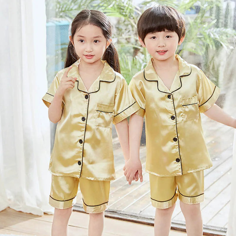3-14 Years Boy Satin Silk Pajamas for Children Clothes Child Boy Pyjama Pants+Top Sleepwear Shorts Set Pijama Bebe Clothing Sets