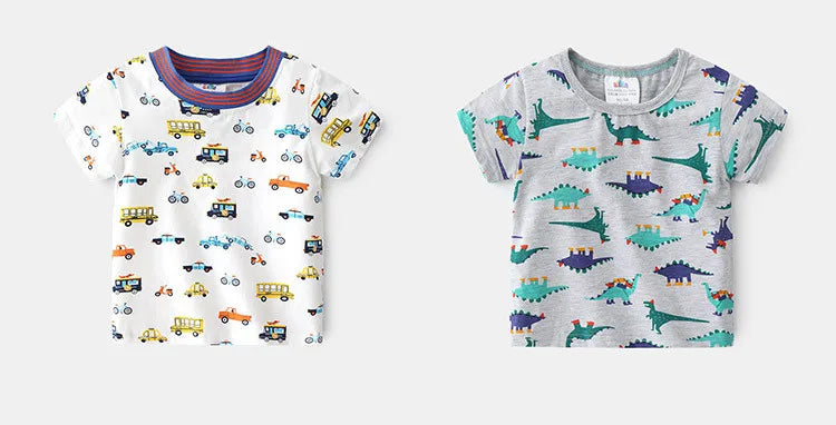 2025 Summer 2 3 4 5 6 8 10 Years Children'S Clothing Dinosaur Car Striped Tees All Match Basic Tops Cartoon T-Shirt For Kids Boy