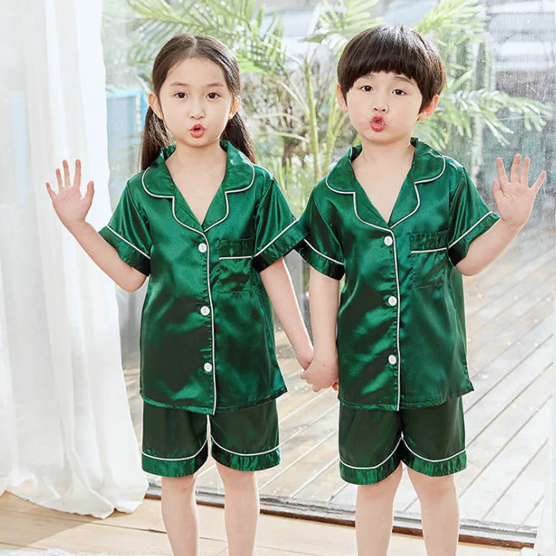 3-14 Years Boy Satin Silk Pajamas for Children Clothes Child Boy Pyjama Pants+Top Sleepwear Shorts Set Pijama Bebe Clothing Sets