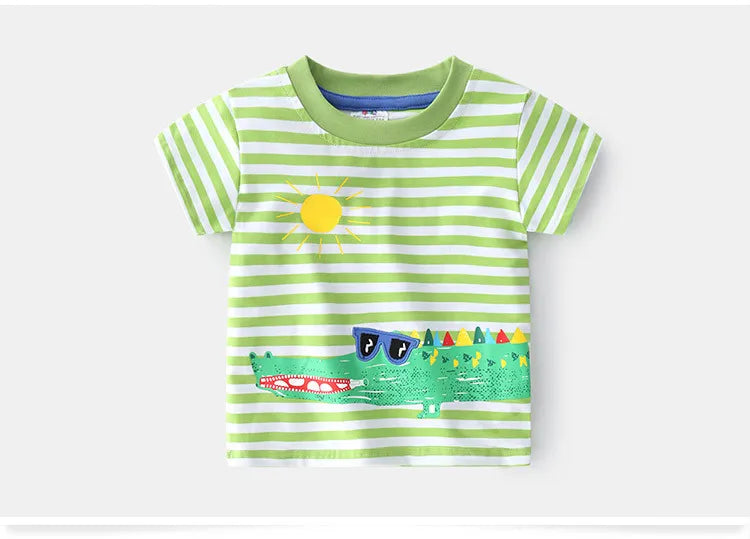2025 Summer 2 3 4 5 6 8 10 Years Children'S Clothing Dinosaur Car Striped Tees All Match Basic Tops Cartoon T-Shirt For Kids Boy