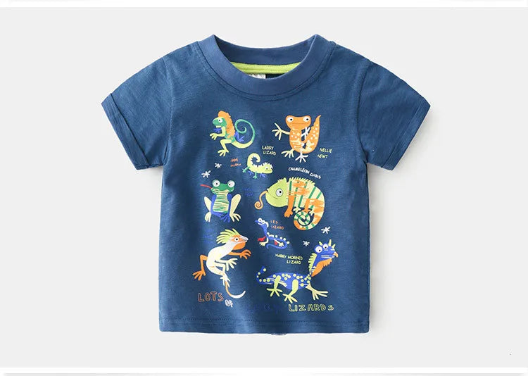 2025 Summer 2 3 4 5 6 8 10 Years Children'S Clothing Dinosaur Car Striped Tees All Match Basic Tops Cartoon T-Shirt For Kids Boy